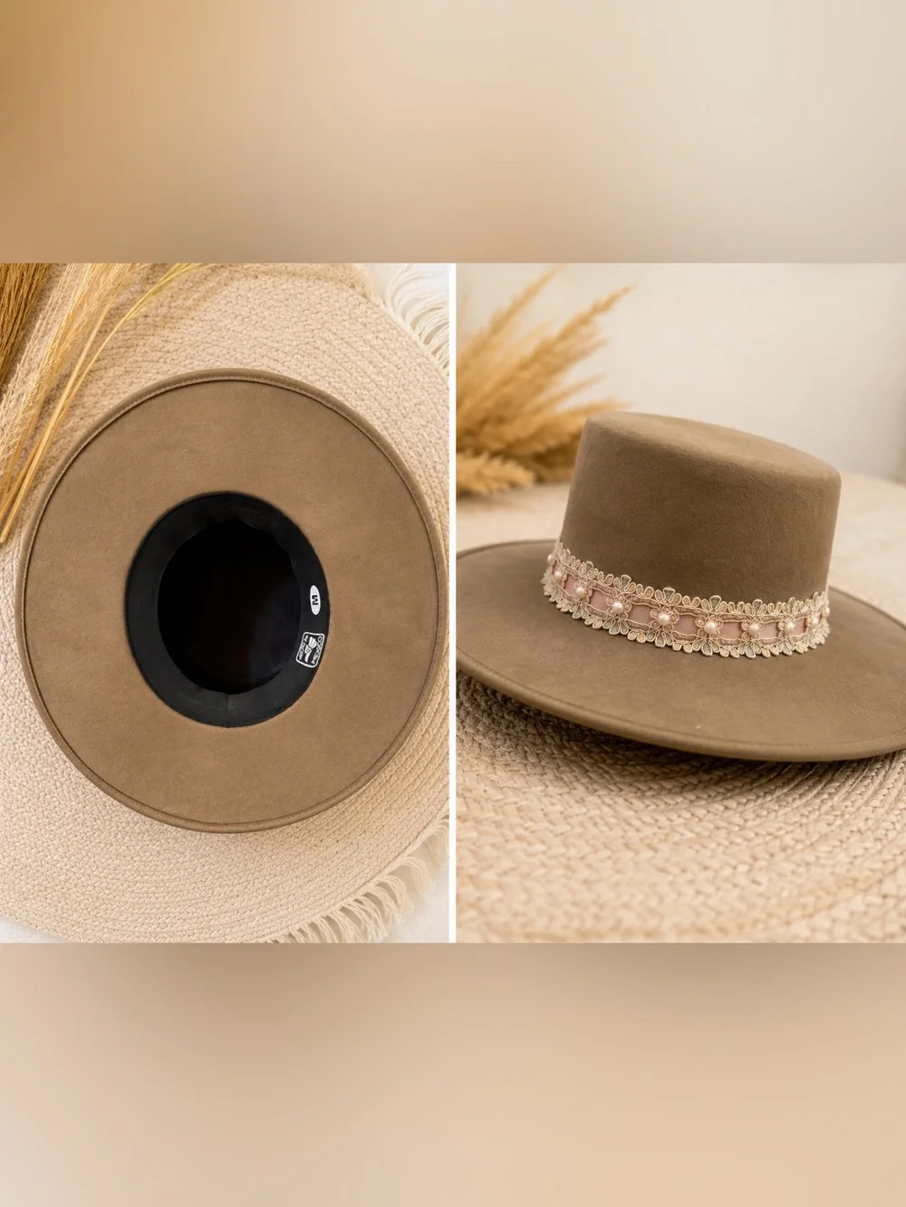 Womens Taupe Embellished Wide-Brim Hat - western